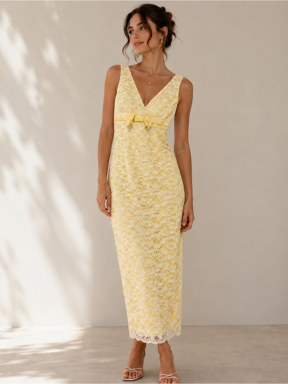 Vintage Handmade Yellow Lace Maxi Dress Vntg M Bow Front Sleeveless Cottagecore